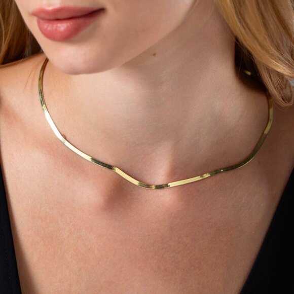 NWT Classic Herringbone Chain 18K Yellow Gold Plated 3mm Minimalist - Picture 1 of 13